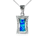 Blue Fire Opal Rectangle CZ Halo Pendant